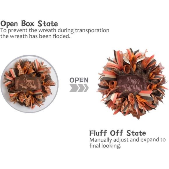 16 Inch Fall Mesh Deco Wreath, Happy Fall Wood Sign Ribbon Wreath Orange Wreath - Picture 6 of 6